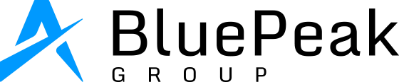 Blue Peak Group large black text logo with blue icon.
