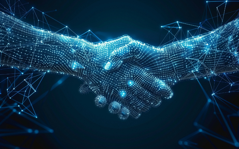 A digital illustration representing the values of the Blue Peak Group: two hands shaking, composed of glowing blue lines and dots, symbolizing connectivity and agreement.