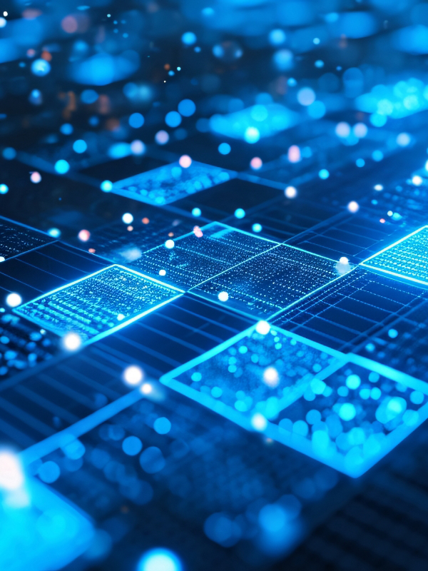 A digital abstract image featuring glowing blue squares and small dots, resembling a circuit board pattern.