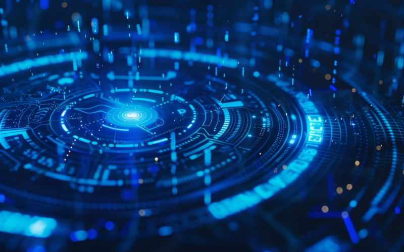 A glowing blue digital interface with circular patterns, lines, and data points on a dark background.